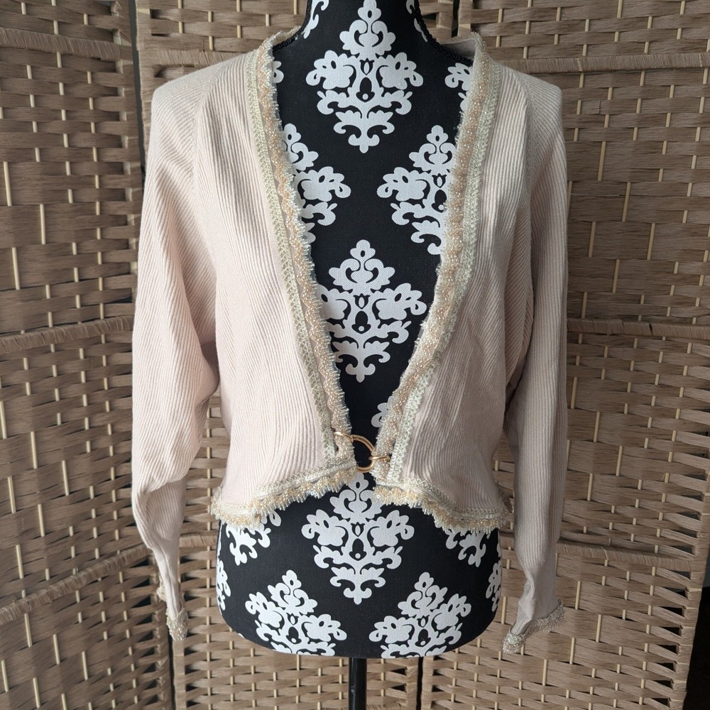 VTG Y2K Ivory Beaded Mesh Trim Cardigan Sweater Balletcore Coquette Soft Glam‎